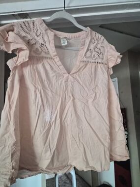 H&M Soft Blush Lace-Yoke V-Neck Blouse